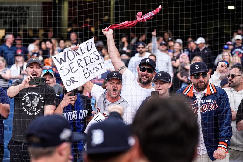 Detroit Tigers fans celebrates 6-3 win over Cleveland Guardians in Game 3 of AL wild-card series at Progressive Field in Cleveland on Thursday, Oct. 2, 2025.