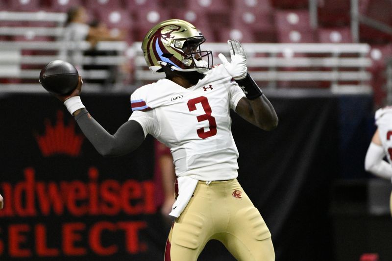 Jun 14, 2025; St. Louis, MO, USA; Michigan Panthers quarterback Bryce Perkins (3) warms up prior to the 2025 UFL Championship game against the DC Defenders at The Dome at America's Center.