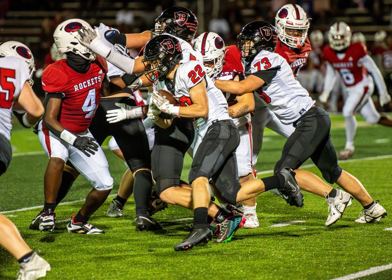Livonia Churchill's Isaac Snead rushes during a Kensington Lakes Activities Association-East football game on Friday, Oct. 3, 2025.