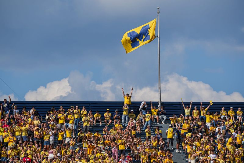 Fans react to a call overruling a missed 33-yard catch between Michigan quarterback Bryce Underwood (19) and wide receiver Donaven McCulley (1) against Wisconsin during the second half at Michigan Stadium in Ann Arbor on Saturday, Oct. 4, 2025.