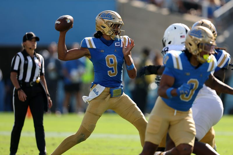 Oct 4, 2025; Pasadena, California, USA; UCLA Bruins quarterback Nico Iamaleava (9) passes the ball during the fourth quarter against the Penn State Nittany Lions at Rose Bowl. Mandatory Credit: Kiyoshi Mio-Imagn Images