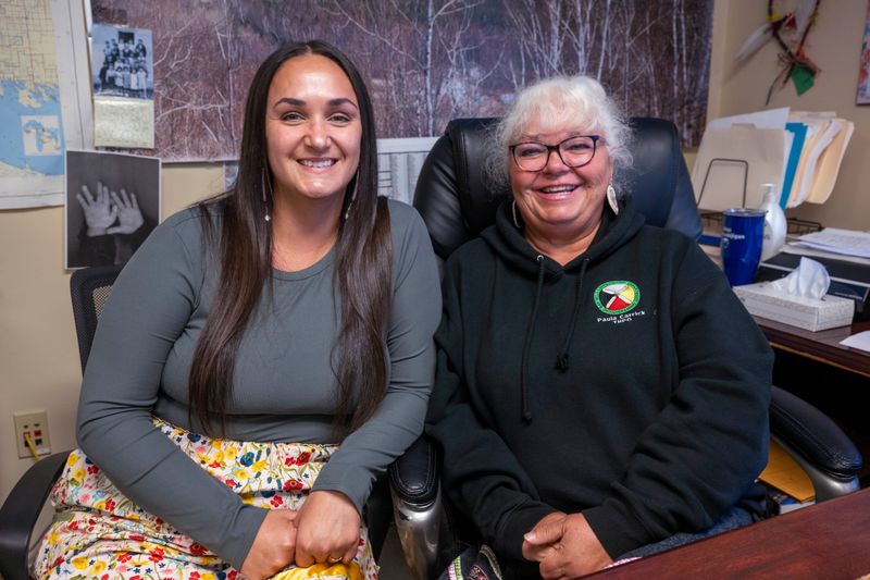 Bay Mills Tribe members Kayla Perron, left, and Paula Carrick work together at the Tribal Historic Preservation Office/Bay Mills Ojibwe History Department near Brimley in Michigan's Upper Peninsula. Paula, the tribal historian, is handing the reins over to her neice, Kayla, after serving as tribal historian for some 30 years.