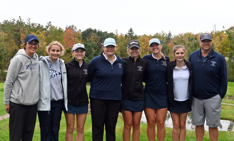 The Petoskey girls golf team will be heading to a ninth straight Division 2 state finals this season after their hosted Monday, Oct. 6 regional. Team members included (from left) assistant coach Heather Loe, Olivia Butzin, Brooke Knickerbocker, Anna Hasse, Riley Barr, Lauren LaHaie, Hadley Loe and head coach Chad Loe.