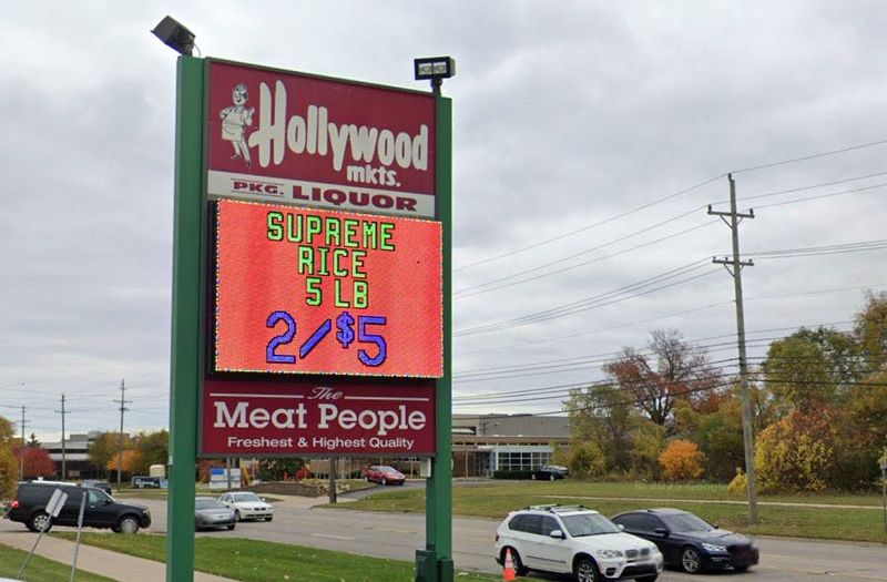 The Hollywood Markets sign outside of the grocery store located on Maple Road in Troy, Michigan.
