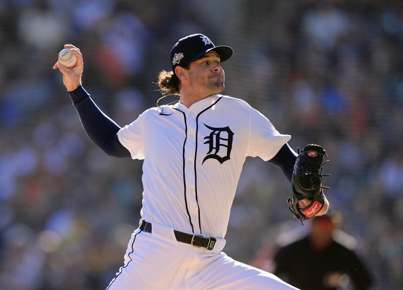 Tigers pitcher Kyle Finnegan throws against Mariners during fourth inning of Game 4 of ALDS at Comerica Park in Detroit on Wednesday, Oct. 8, 2025.