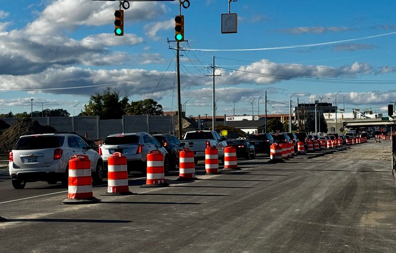 Traffic moves slowly along Pine Grove Avenue in Port Huron amid ongoing work for the Blue Water Bridge plaza expansion project. Pictured on Oct. 8, 2025.