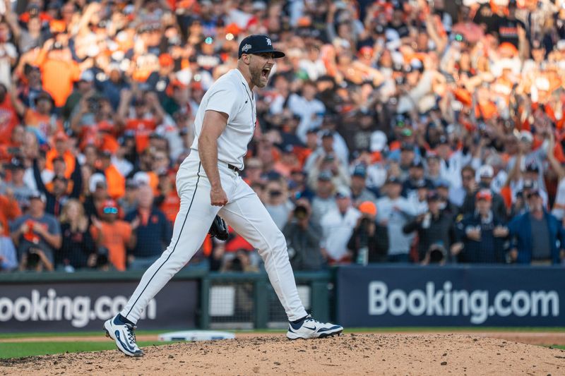 Detroit Tigers pitcher Will Vest (19) celebrates throwing the final pitch and winning ALDS Game 4 against the Seattle Mariners at Comerica Park in Detroit on Wednesday, Oct. 8, 2025.