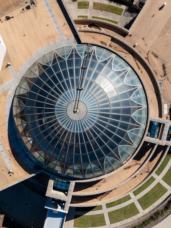 The Charles H. Wright Museum of African American History in Detroit celebrates its 60th anniversary this year. The building, which features a glass mosaic dome, is seen in this aerial view on Wednesday, Oct. 8, 2025.