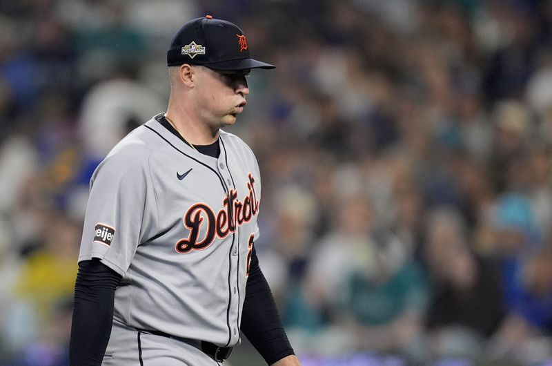 Tigers pitcher Tarik Skubal walks off the field after pitching the first inning against Mariners at ALDS Game 5 at T-Mobile Park in Seattle on Friday, Oct. 10, 2025.