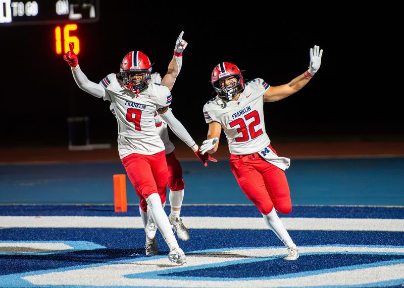 Livonia Franklin's Brendan Bache celebrates a TD during a Kensington Lakes Activities Association-East football game on Friday, Oct. 10, 2025.