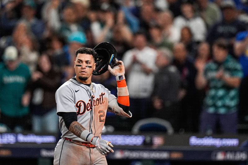 Tigers shortstop Javier Baez reacts after grounded out against Mariners during the 14th inning of ALDS Game 5 at T-Mobile Park in Seattle on Friday, Oct. 10, 2025.