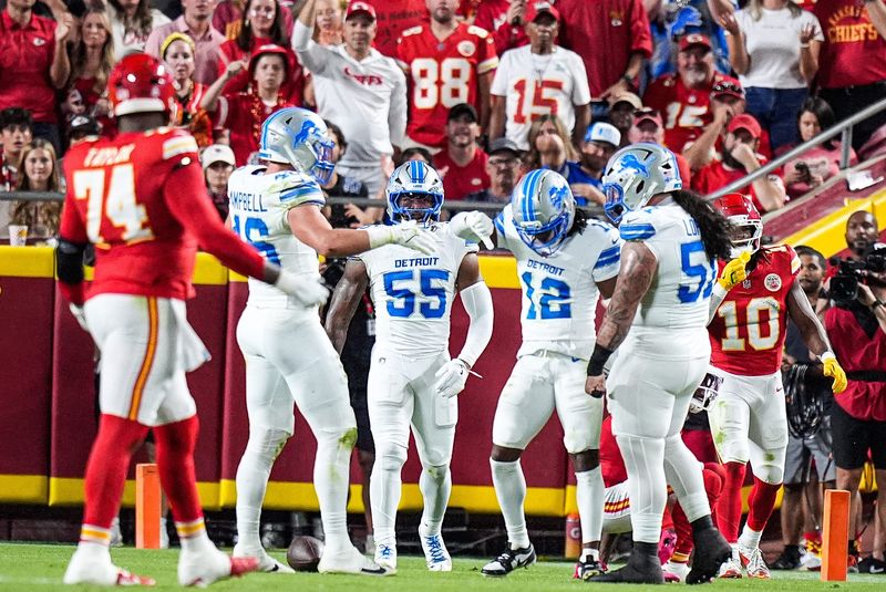 Detroit Lions safety Thomas Harper (12) celebrates a tackle Kansas City Chiefs during the first half at Arrowhead Stadium in Kansas City, Missouri on Sunday, Oct. 12, 2025.