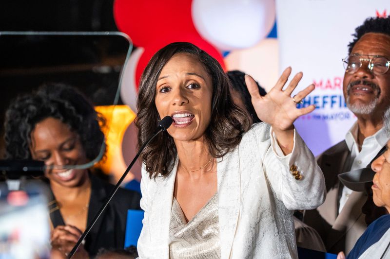 Mary Sheffield addresses a crowd at her mayoral primary election watch party at Cielo inside Cambria Hotel in Detroit on Tuesday, Aug. 5, 2025.