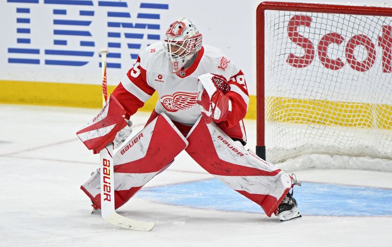 Detroit Red Wings goalie Cameron Talbot (39) in warmups against the Toronto Maple Leafs at Scotiabank Arena in Toronto on Monday, Oct. 13.