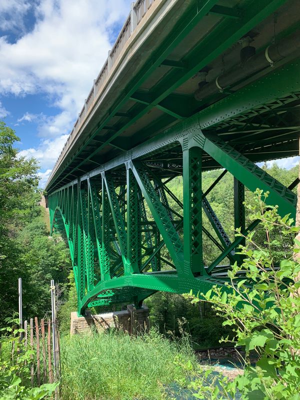 The underside of the Heath M. Robinson Memorial Cut River Bridge on U.S. 2 in the Upper Peninsula of Michigan is seen in this photo.