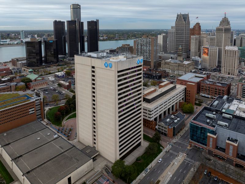 The Blue Cross Blue Shield of Michigan headquarters building, 600 East Lafayette Blvd., Detroit, Wednesday, October 15, 2025.