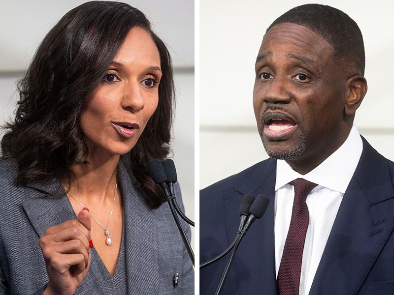 Detroit City Council President Mary Sheffield, left, faces off with Solomon Kinloch Jr. in a televised debate between the two remaining candidates in Detroit’s mayoral race on Wednesday, Oct. 15, 2025 at the WXYZ-TV studio in Southfield.