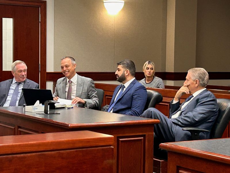 From left, defense attorneys Stephen Rabaut and Peter Torrice with their client, Noor Kestou, and fellow attorney, James Thomas, in 41B District Court in Clinton Township before a ruling Oct. 16, 2025.