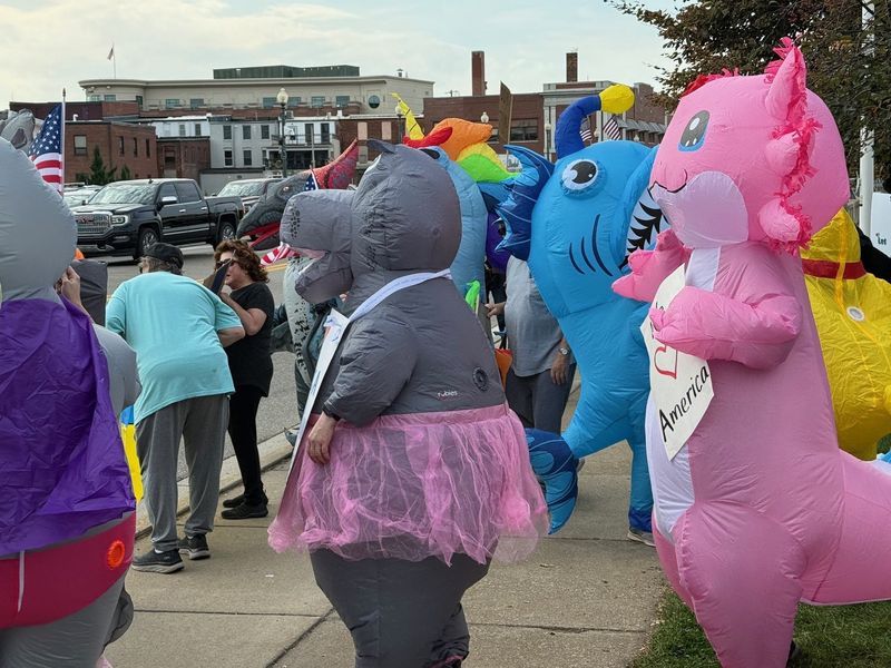 Mary Sandefur and others protest in costume to send a message of peace.
