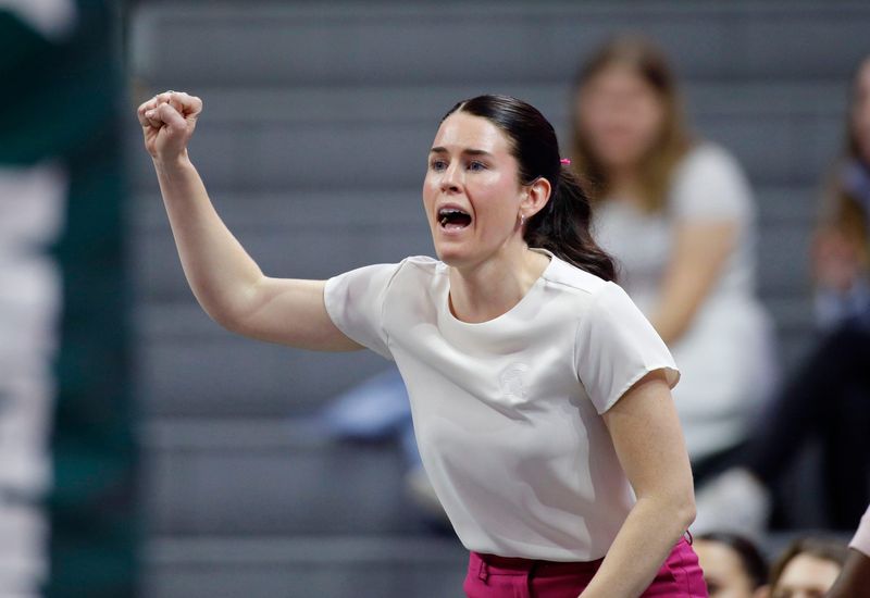 Michigan State coach Kristen Kelsay reacts against Maryland, Sunday, Oct. 19, 2025, in East Lansing.