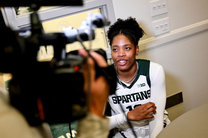 Michigan State's Isaline Alexander talks with reporters during women's basketball media day on Tuesday, Oct. 21, 2025, at the Breslin Center in East Lansing.