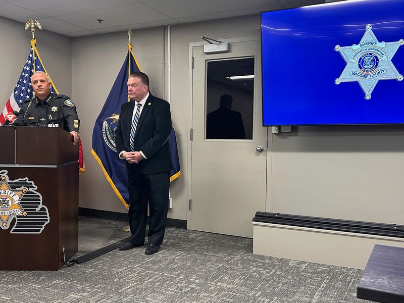 Macomb County Sheriff Anthony Wickersham, left, and County Prosecutor Peter Lucido speak during an Oct. 22, 2025 news conference at the Macomb County Jail in Mount Clemens.