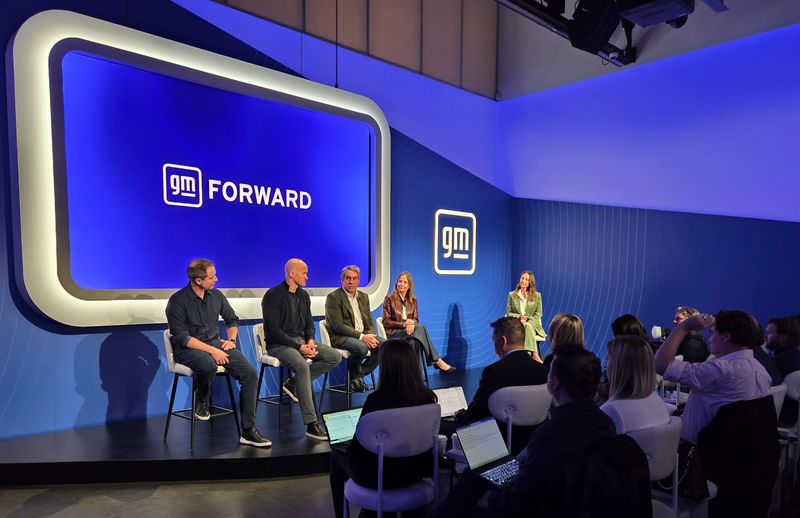 GM executives discuss the automaker's new tech initiatives on Wednesday, Oct. 22, 2025, in New York. From left, David Richardson, senior vice president of software and services engineering; Sterling Anderson, executive vice president, global product, and chief product officer; President Mark Reuss, and CEO Mary Barra.