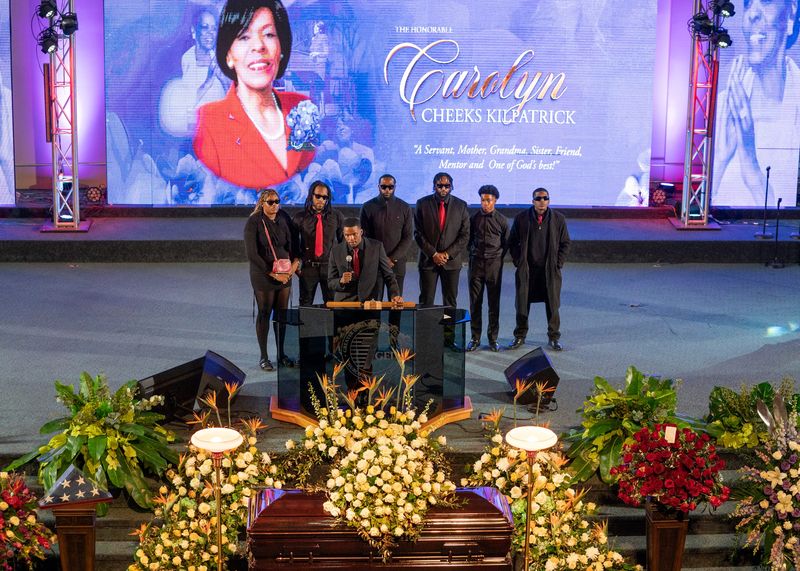 Grandchildren speak about their grandmother, former U.S. Rep. Carolyn Cheeks Kilpatrick, during her home-going service at the Greater Emmanuel Institutional Church of God in Christ in Detroit on Wednesday, Oct. 22, 2025.