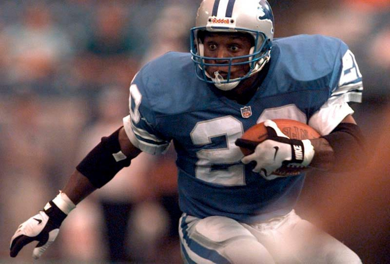 Barry Sanders: Running back | Years played in Detroit: 1989-1998. Sanders, a Hall of Fame running back who spent entire career in Detroit, earned NFL MVP in 1997 with 2,053 rushing yards and 11 TDs. Currently fourth all-time in rushing yards, Sanders was invited to the Pro Bowl in each season of career and named first-team All-Pro six times. Two-time NFL Offensive Player of the Year.