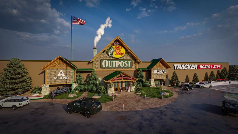 The rendering for the upcoming Bass Pro Shops Outpost location at Eastview Mall in Victor. This new shop is expected to open its doors in Victor in 2026.