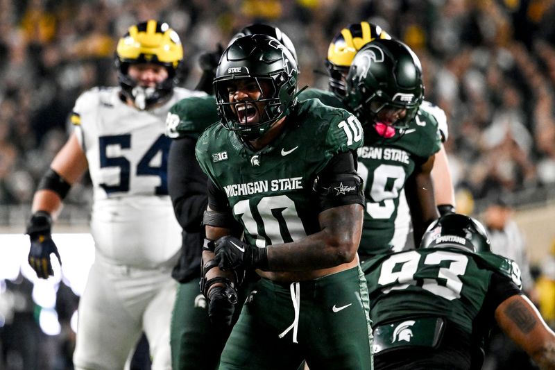 Michigan State's Wayne Matthews III celebrates after a stop against Michigan during the second quarter on Saturday, Oct. 25, 2025, at Spartan Stadium in East Lansing.