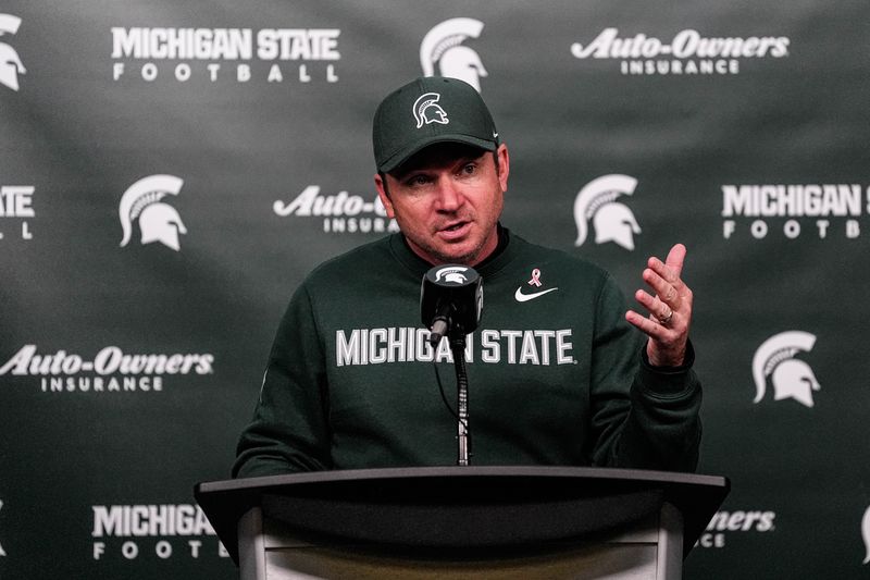 Michigan State head coach Jonathan Smith speaks at the post game press conference after 31-20 loss to Michigan at Spartan Stadium in East Lansing on Saturday, October 25, 2025.