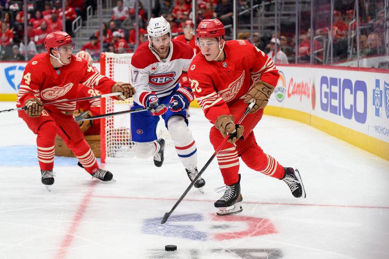 Detroit right wing Michael Brandsegg-Nygard during the second period of a game between the Detroit Red Wings and the Montreal Canadiens at Little Caesars Arena, in Detroit, October 9, 2025.