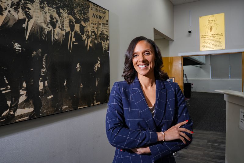 Mary Sheffield, a Detroit mayoral candidate and current city council president representing District 5, poses for a portrait at the Detroit Association of Black Organizations headquarters in Detroit on Thursday, Oct. 2, 2025.
