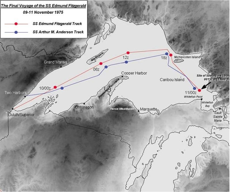 Map of the SS Edmund Fitzgerald's final voyage in Lake Superior in 1975 (shown in red) with the SS Arthur M. Anderson's voyage (shown in blue).