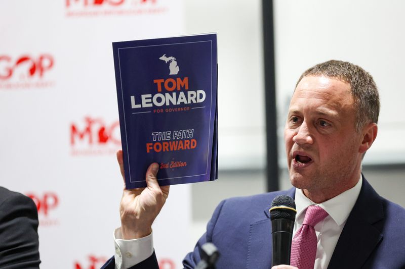 Former Michigan House Speaker Tom Leonard talks at a GOP gubernatorial debate sponsored by the Michigan Republican Party on on Oct. 29 in Sparta.