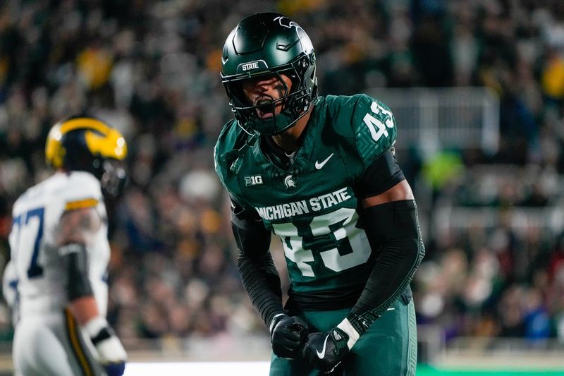 Oct 25, 2025; East Lansing, Michigan, USA; Michigan State Spartans safety Malik Spencer (43) reacts after a third down defensive play against the Michigan Wolverines during the first half at Spartan Stadium. Mandatory Credit: Brendan Mullin-Imagn Images