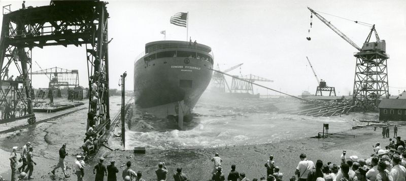 A photograph of the SS Edmund Fitzgerald taken by an unnamed photographer on display at MSOE's Grohmann Museum as part of "The Legend Lives On — 50 Years Later," an exhibit highlighting works related to the ship on the 50th anniversary of its sinking.