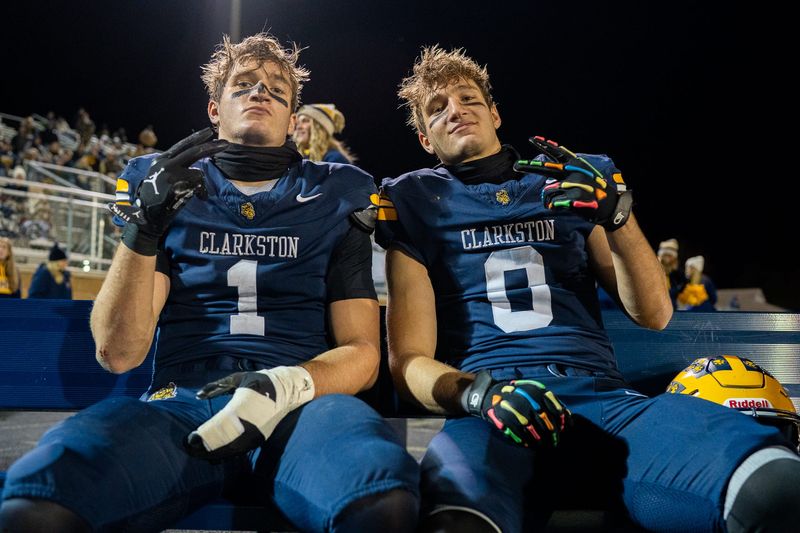 Clarkston twin seniors Lukas and Griffin Boman during a game against Davison at Clarkston High School in Clarkston on Friday, Oct. 31, 2025.