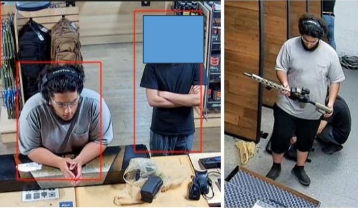 Mohmed Ali, 20 of Dearborn, is pictured in a grey shirt with an unnamed, alleged co-conspirator at Downriver Guns on Sept. 25, 2025. Ali and another Dearborn man were charged Nov. 3, 2023 with plotting to carry out a terror attack in Ferndale over Halloween weekend.