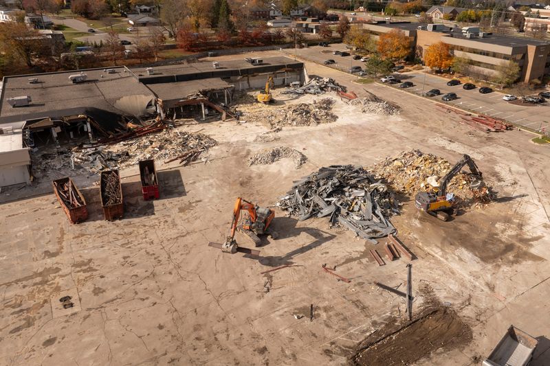 Demolition begins at the Hunter’s Square shopping mall, in Farmington Hills, November 3, 2025.