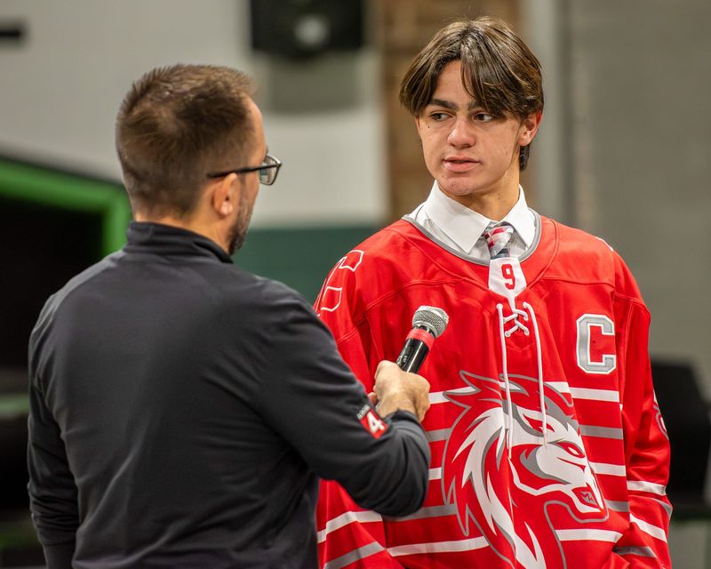 Livonia Red's Tyler Pagel speaks during the annual Kensington Lakes Activities Association Hockey Media Day on Monday, Nov. 3, 2025, at Novi High School.