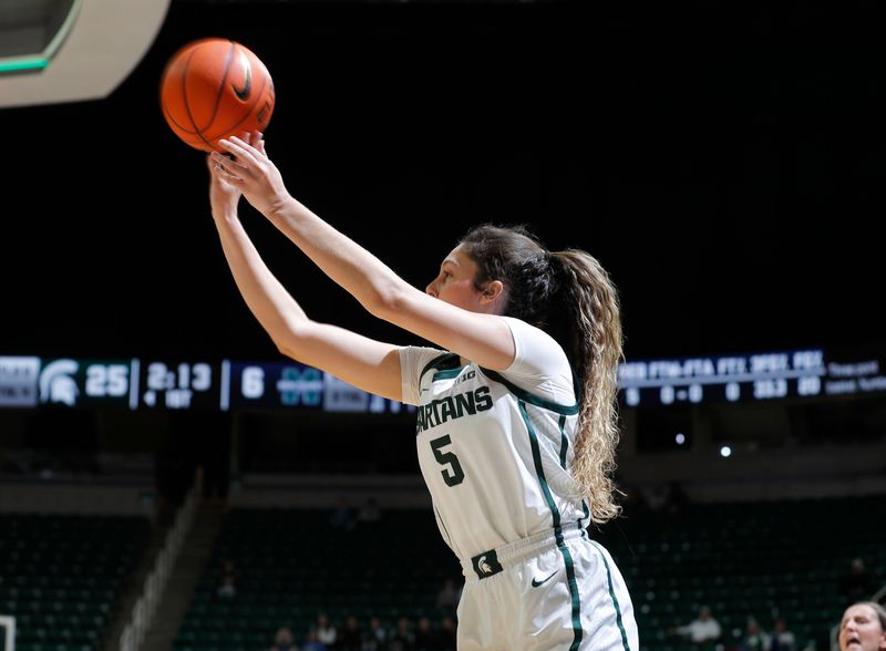 Michigan State's Emma Shumate lauches a 3-pointer against Mercyhurst, Tuesday, Nov. 4, 2025, in East Lansing.
