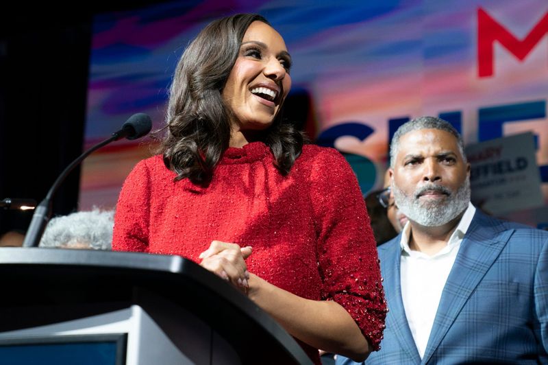 Mayor-elect Mary Sheffield speaks at her campaign party on Tuesday, Nov. 4, 2025, at the MGM Grand Detroit. Sheffield will be the first female mayor of Detroit. Her chief of staff, Brian White, is in the background on the right. Mandi Wright, Detroit Free Press