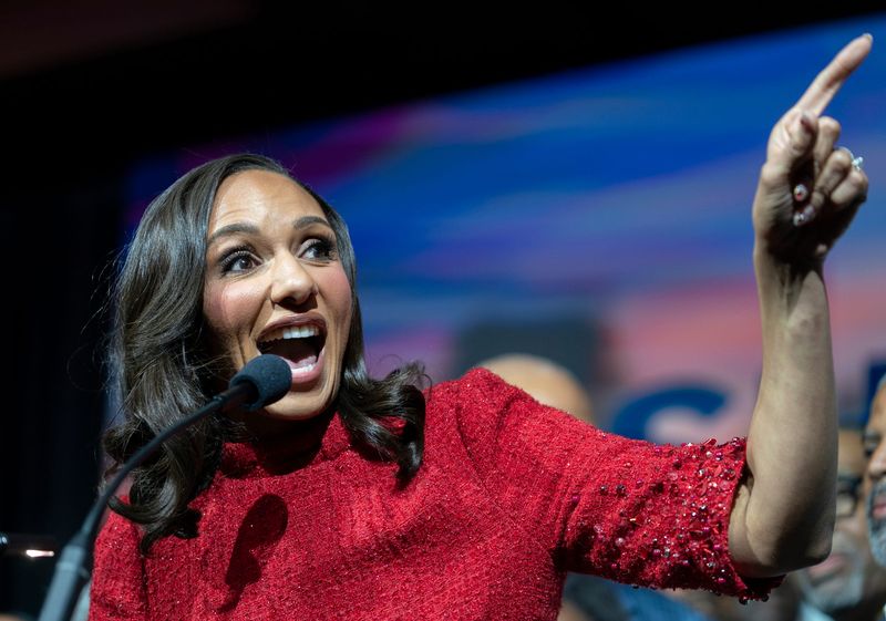 Detroit Mayor-elect Mary Sheffield celebrates her win at her campaign party on Tuesday, Nov. 4, 2025 at the MGM Grand Detroit. Sheffield makes history as the first female mayor of Detroit.