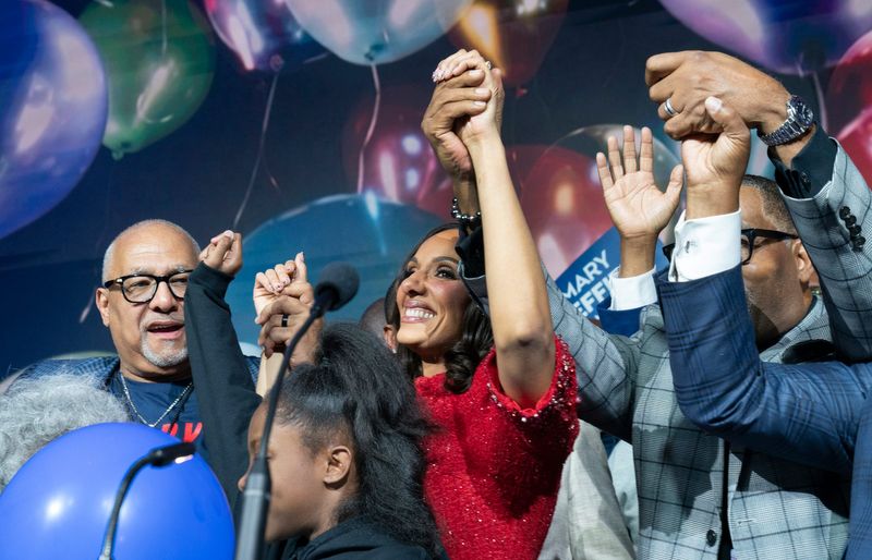 Detroit Mayor-elect Mary Sheffield celebrates her win with her father Horace Sheffield III on left on Tuesday, Nov. 4, 2025 at the MGM Grand Detroit. Sheffield made history as the first female mayor of Detroit.