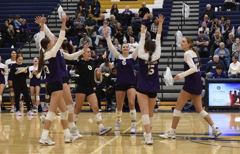 Lakeview celebrates the final point of this Division 1 district semifinal victory over Sturgis in action at Portage Central High School on Wednesday, Nov. 5.
