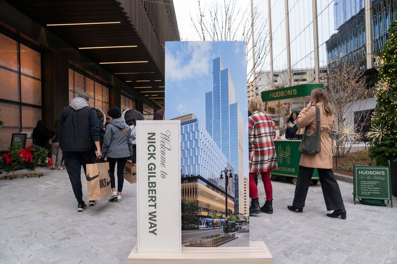 After a ribbon cutting for Nick Gilbert Way outside of the new Hudson’s buildings in Detroit the newly minted space was open to the public on Thursday, Nov. 6, 2025.