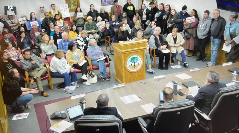 At a Center Line council meeting on Nov. 3, 2025, protesters spoke out against the city's 287(g) agreement with U.S. Immigration and Customs Enforcement (ICE). Katrina Manetta, of Macomb Defenders Rising, is seen speaking at the podium. Some are holding anti-ICE signs. Image is from city livestream of meeting.
