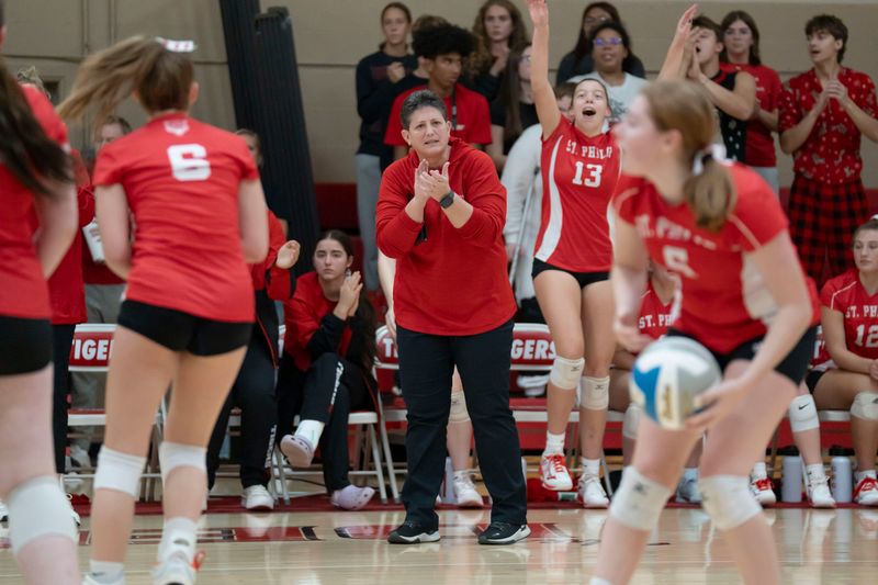 St. Philip head coach Vicky Groat speaks to players during a district final match against Climax-Scotts at St. Philip Catholic Central High School on Friday, Nov. 7, 2025.